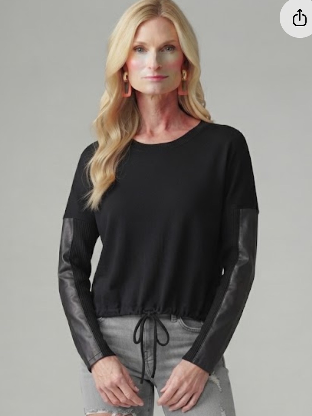Express Black Drawstring-Hem Sweater with Leather & Ribbed Trim Sleeves